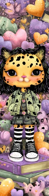 Free kawaii cats bookmark featuring an orange cat with spots and hearts